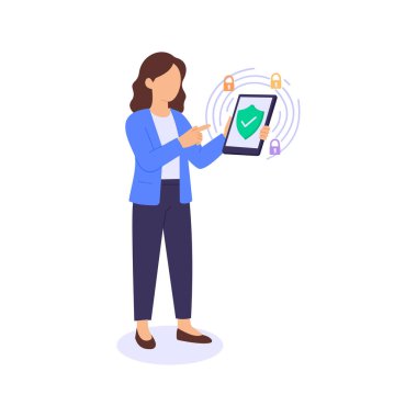 Siber güvenlik, sistemleri dijital tehditlere karşı koruma, düz vektör karakter çizimi