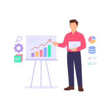 Veri Analitik İncelemesi, stratejik kararların içgörülerinin değerlendirilmesi, düz vektör karakter çizimi