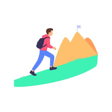 Yokuş yukarı yürümek, zorlu zorluklara rağmen ileri doğru çabalamak, düz vektör karakter çizimi