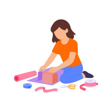 Hediye paketleme, paketleme özenle sunuluyor, düz vektör karakter çizimi