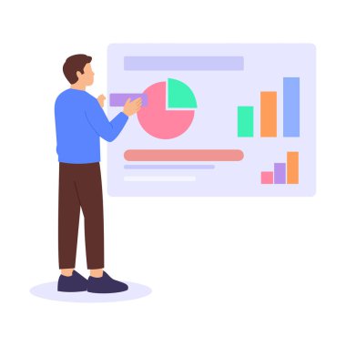 Sunum Slaytları dizayn ediliyor, yapılandırılmış ve görsel olarak öğrenme slaytları oluşturuluyor, düz vektör karakter çizimi