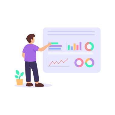 Analitik İnceleme, web sitesi performansı ve trafik verileri değerlendiriliyor, düz vektör karakter çizimi