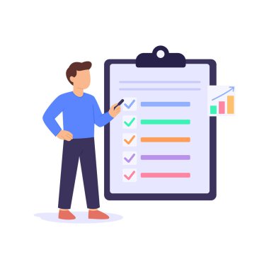 SEO Denetim Listesi Gözden Geçirmesi, web sitesi geliştirme için optimizasyon görevlerinin doğrulanması, düz vektör karakter çizimi