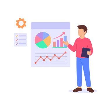 SEO Raporlama, detaylı performans ve sıralama analiz raporları hazırlama, düz vektör karakter çizimi