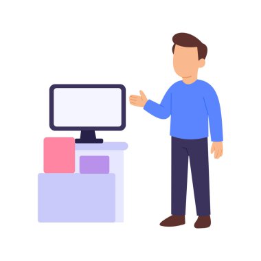 Demo Alanı, ürün tanıtımı için belirlenmiş alan hazırlanıyor, düz vektör karakter çizimi