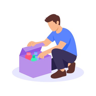 Parfüm kutusu açılıyor, teslimat kutusundan parfüm sevkiyatı açılıyor, düz vektör karakter çizimi