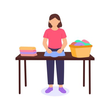 Katlanan Temiz Giysiler, depolama veya teslim için temiz giysiler düzenleme, düz vektör karakter illüstrasyonu