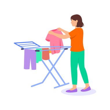 Elbiseleri Kurumaya Asmak, askılara ya da çamaşır iplerine hava kurutucu giysiler, yassı vektör çizimi