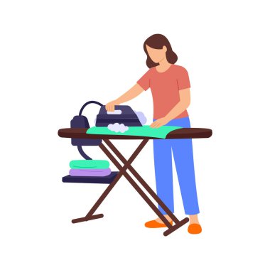 Buharlı Ütü Giysileri, düz kumaşlar için buhar ütüsü kullanmak ve sunumu geliştirmek, düz vektör karakter çizimi