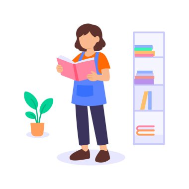 Hikaye kitapları okumak, resimli masal kitabı okumaktan hoşlanan çocuk, düz vektör karakter çizimi