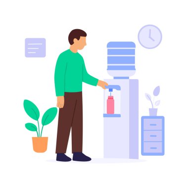 Arındırılmış suyun şişelenmesi, paketlenmiş suyun mühürlü şişelere dönüştürülmesi, yassı vektör karakter çizimi