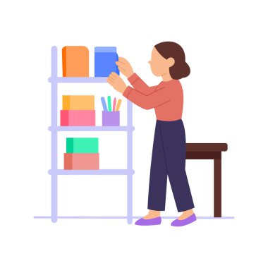 Rafların Düzenlenmesi, ürünlerin düzgünce ekran raflarında düzenlenmesi, düz vektör karakter çizimi