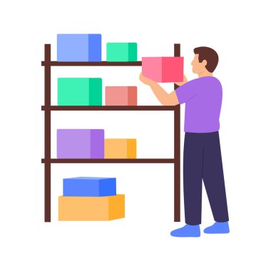 Kırtasiye Kartonlarının istiflenmesi, depoda kırtasiye kutularının düzenlenmesi, düz vektör karakter çizimi