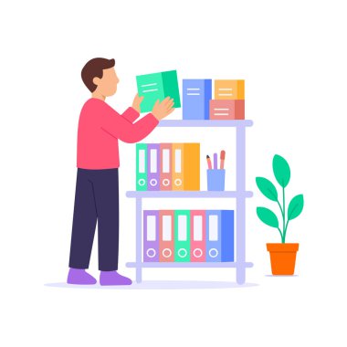 Ofis Malzemeleri, temel kırtasiye ve işyeri malzemelerinin yönetimi, düz vektör karakter çizimi