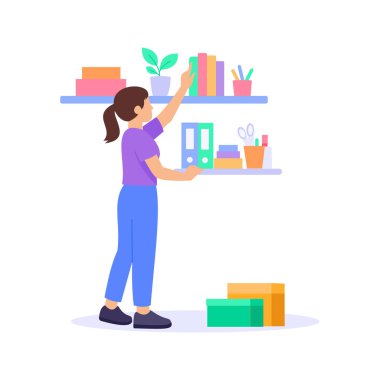 Öge Seçme, Personel sıralama için raftan ürün seçme, düz vektör karakter illüstrasyonu