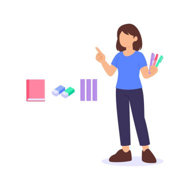 Ögeler sayılıyor, stoktaki ürün miktarları doğrulanıyor, düz vektör karakter çizimi