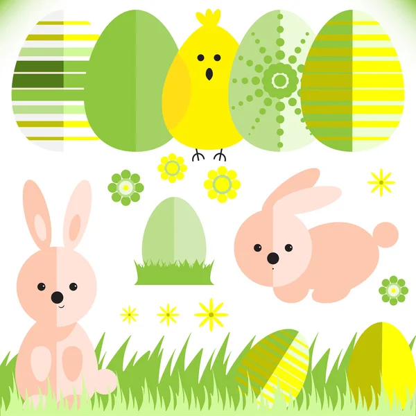 Set con huevos de Pascua y conejo en estilo plano — Vector de stock