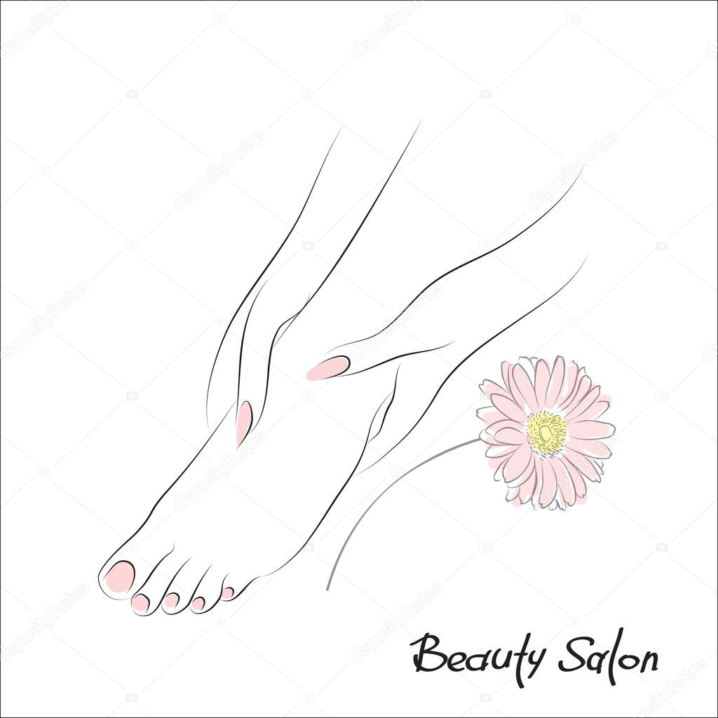 Pedicure banner with female feet and pink nails. Foot spa vector illustration or foot massage logo. Design spa template with gerbera flower. Body care, health and wellness concept