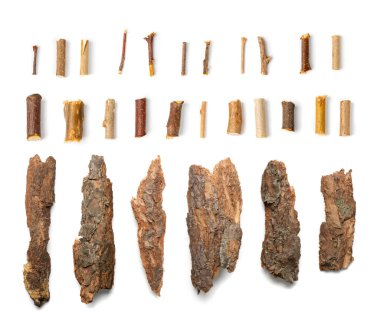 Çam, Sedir ya da Meşe Ağacı Kabuğu Parçaları Beyaz Arkaplan 'da izole edilmiş. Doğal Kırık Ahşap Bahçe Çipleri Toplama Üst Görünümü