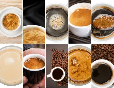 Kahve fincanları Kolaj içer. Çeşitli Kahve Koleksiyonu, Farklı İçecek Karışımı, Siyah Espresso