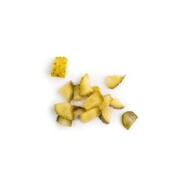 Diced Pickled Gherkins, Chopped Pickled Cucumbers Isolated on White Background. Shredded Fermented Cucumber Top View clipart
