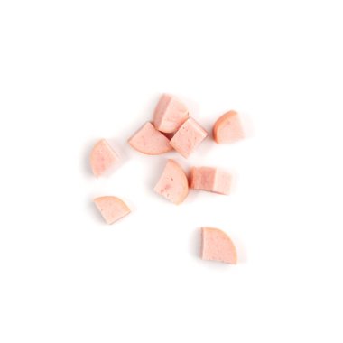Diced Jambon beyaz arka planda izole edildi. Doğranmış Salamlı Sosis, Küp Mortadella Üst Görünümü