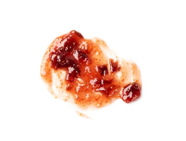 Beyaz arkaplanda incir reçeli çerçevesi izole edildi. Tatlı incir ağacı konfeksiyon yeri, incir reçeli sıçrama, figa jöle serpiştirme