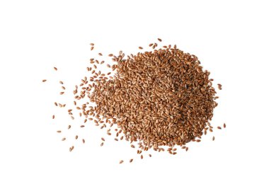 Beyaz Arkaplan Üst Görünümü 'nde soyulmamış kurumuş Flax Tohumları. Pişmemiş kabuk Yığını Linseed