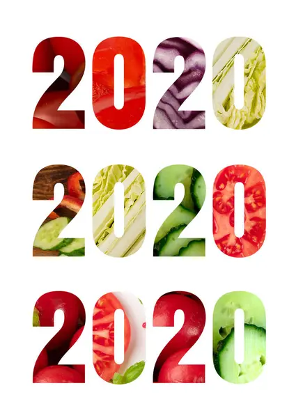 Колаж Номерів 2020 Року Змішаними Овочами Ізольовано Білому Тлі Творчий — стокове фото