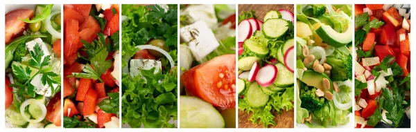 Collage Aus Grünem Gemüsesalat Verschiedene Salatsorten Verschiedene Salatmischungen Mit Frischem — Stockfoto