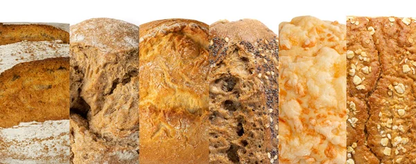 パンのテクスチャ食品コラージュ 様々な自家製ベーカリー製品コレクション 異なるスライスと全パンミックス — ストック写真