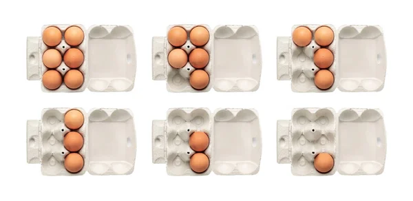 Открытая Яичная Коробка Шестью Коричневыми Яйцами Изолированными Белом Фоне Обрезанием — стоковое фото
