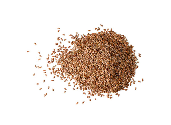 Dry Raw Unpeeled Flax Seeds Isolated on White Background Top View. Pile of Uncooked Hulls Linseeds