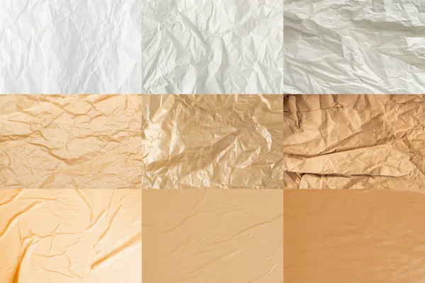 Set of Wrinkled Kraft Paper Textures. Natural Brown and White Vintage Paper Background Collection