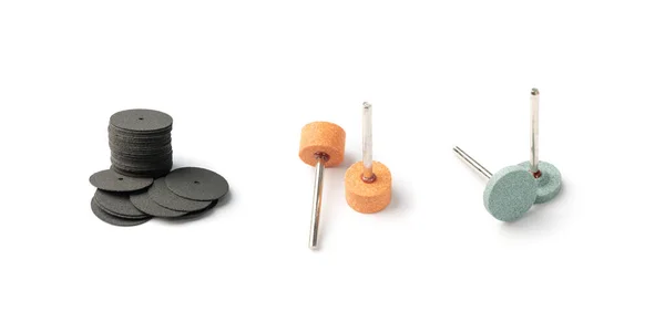 Polishing tools set for sander tool. Mini drill accessories with grinding polishing wheels, abrasive discs, sandpapers, sander tool collection, emery paper, small abrasive equipment — Stock Image Polishing Tools Set Sander Tool Mini Drill Accessories Grinding Polishing Royalty Free Stock Images