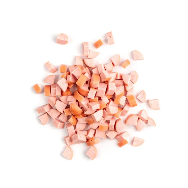 Diced Ham Isolated on White Background. Chopped Boiled Baloney Sausage, Cubed Mortadella Top View — Stock Image Diced Ham Isolated White Background Chopped Boiled Baloney Sausage Cubed Royalty Free Stock Images