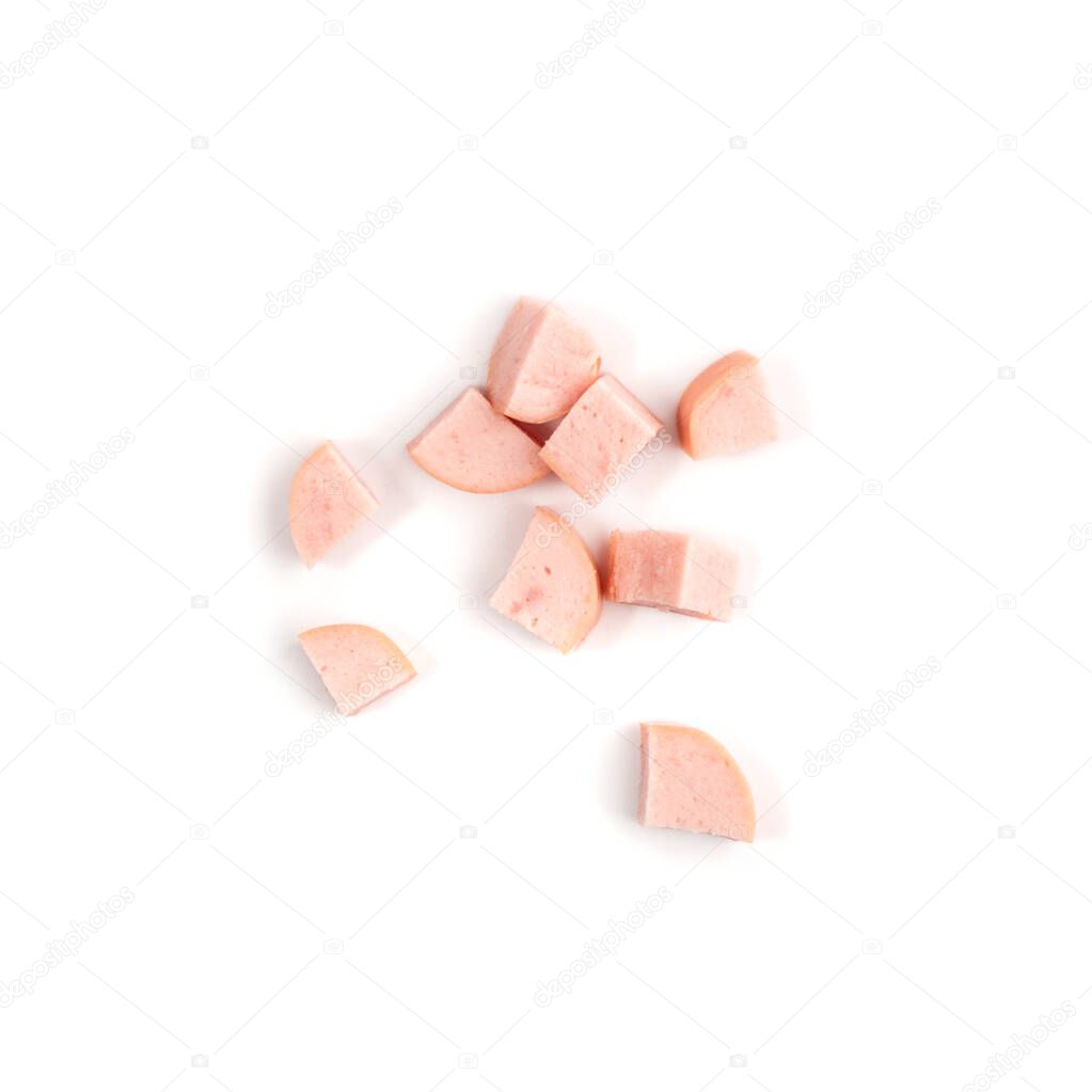 Diced Ham Isolated on White Background. Chopped Boiled Baloney Sausage, Cubed Mortadella Top View