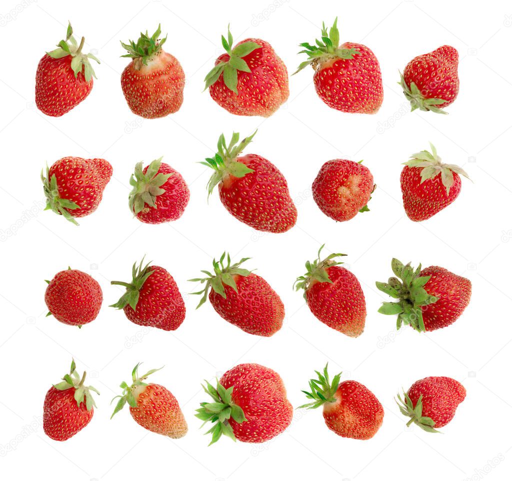 Fresh tasty real organic strawberry isolated white background close up and top view. Macro photo of red whole eco bio strawberries for good healthy diet cut out