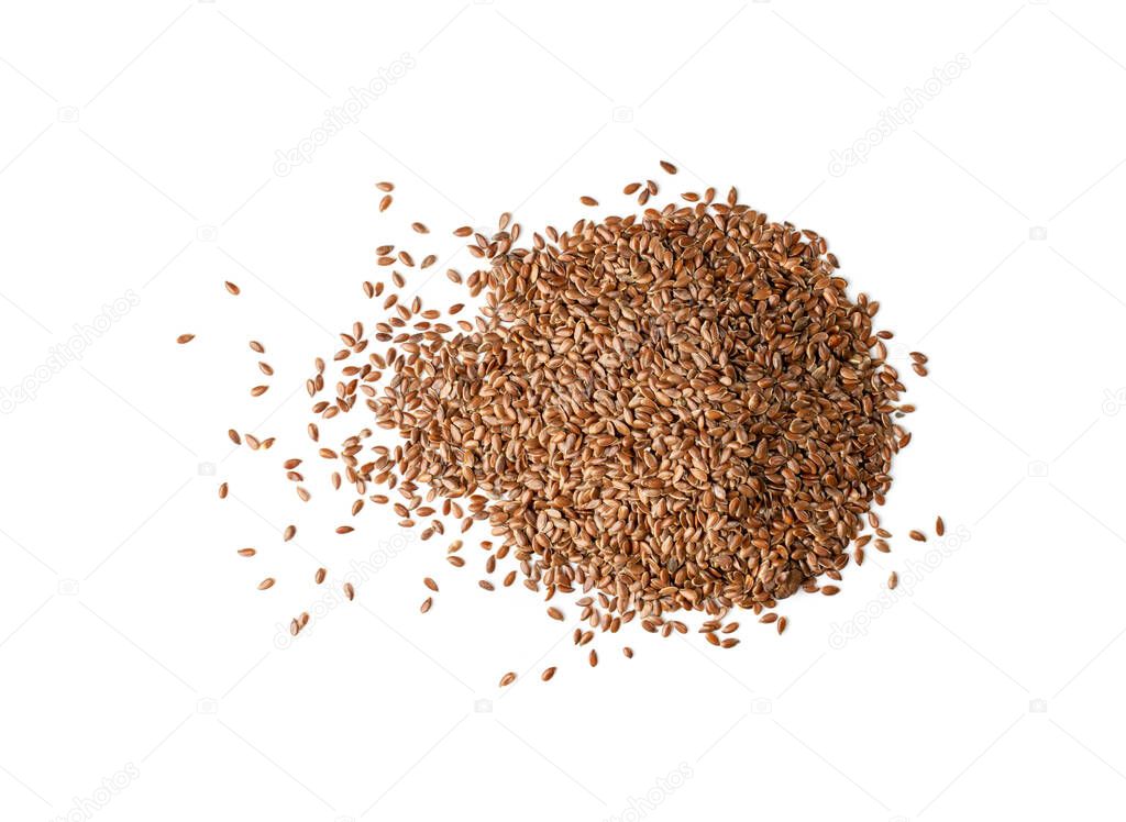 Dry Raw Unpeeled Flax Seeds Isolated on White Background Top View. Pile of Uncooked Hulls Linseeds
