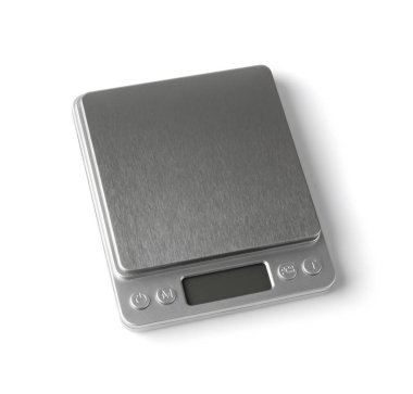 Küçük boş elektronik mücevher pulları üst görüntüyü izole etti. Dijital mutfak ağırlığı modeli, kopyalama alanı ile pişirme ölçeği