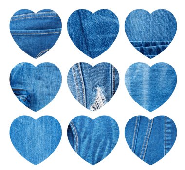 Blue Jeans Hearts Mockup seti. Yaratıcı Tasarım İçin Kalp Şekilleri Koleksiyonu ile Denim Özgeçmişi. Uzayı Kopyalayan Jeans Etiket Şablonları