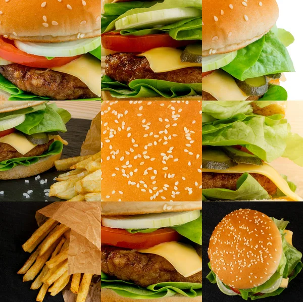 Collage Burger Fast Food Classique Collection Burgers Différents Pains Avec — Photo