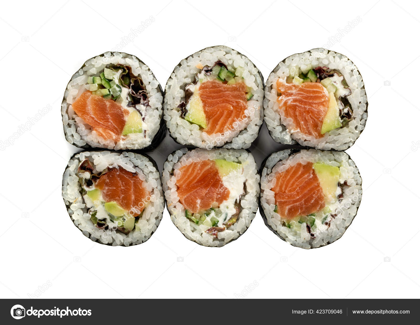 Futomaki Philadelphia Sushi Rolls Top View Salmon Hosomaki Sushi Maki Stock Photo by ©Oksana6299956