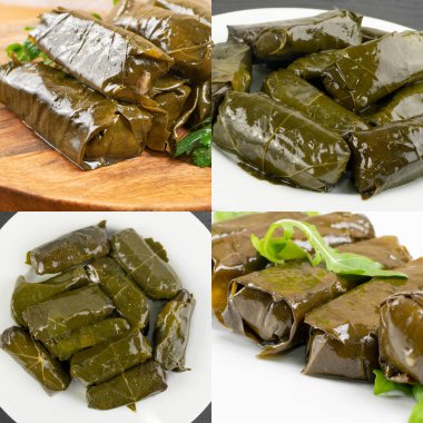 Dolma, Sarma veya Dolmades Gıda Kolajı. Akdeniz Dolmadakia Karışımı, Tolma Doldurulmuş Üzüm Yaprakları Koleksiyonu