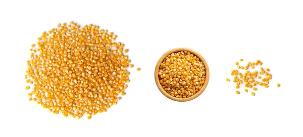 Heap Raw Popcorn Grains Wood Bowl Isolated White Background Dry — Stock Photo, Image