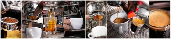 Makroaufnahme Der Zubereitung Von Espresso Auf Einer Professionellen Kaffeemaschine Coffeeshop — Stockfoto