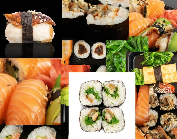 Sushi Rolls Collage Olika Sushi Collection Olika Susi Rolls Nori — Stockfoto