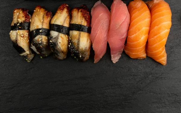 Japanese Sushi Set Mockup Dark Sate Plate Top View Англійською — стокове фото