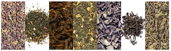 Natural Tea Leaves Collage Várias Folhas Chá Preto Verde Coleção — Fotografia de Stock