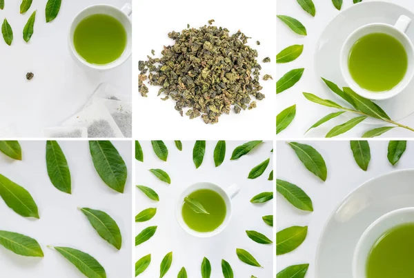 緑茶葉のコラージュ 様々なドライティーコレクション 異なる緑のドリンクミックス 盛り合わせ — ストック写真